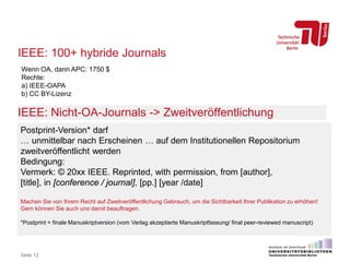 IEEE: 100+ hybride Journals
Seite 13
Wenn OA, dann APC: 1750 $
Rechte:
a) IEEE-OAPA
b) CC BY-Lizenz
IEEE: Nicht-OA-Journals -> Zweitveröffentlichung
Postprint-Version* darf
… unmittelbar nach Erscheinen … auf dem Institutionellen Repositorium
zweitveröffentlicht werden
Bedingung:
Vermerk: © 20xx IEEE. Reprinted, with permission, from [author],
[title], in [conference / journal], [pp.] [year /date]
Machen Sie von Ihrem Recht auf Zweitveröffentlichung Gebrauch, um die Sichtbarkeit Ihrer Publikation zu erhöhen!
Gern können Sie auch uns damit beauftragen.
*Postprint = finale Manuskriptversion (vom Verlag akzeptierte Manuskriptfassung/ final peer-reviewed manuscript)
 