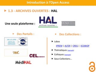 Introduction à l’Open Access
▶ Des Collections :▶ Des Portails :
Une seule plateforme :
 1.3 - ARCHIVES OUVERTES : HAL
 Labos
IPREM | ALTER | CREG | ECOBIOP
 Thématiques [exemple]
 Colloques [exemple]
 Sous-Collections...
 