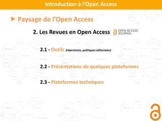 2.1 - Outils (répertoires, politiques éditoriales)
2.2 - Présentations de quelques plateformes
2.3 - Plateformes techniques
 Paysage de l’Open Access
2. Les Revues en Open Access
Introduction à l’Open Access
 