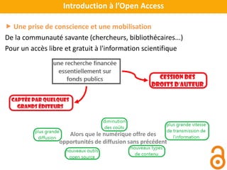  Une prise de conscience et une mobilisation
De la communauté savante (chercheurs, bibliothécaires...)
Pour un accès libre et gratuit à l'information scientifique
Introduction à l’Open Access
Alors que le numérique offre des
opportunités de diffusion sans précédent
 
