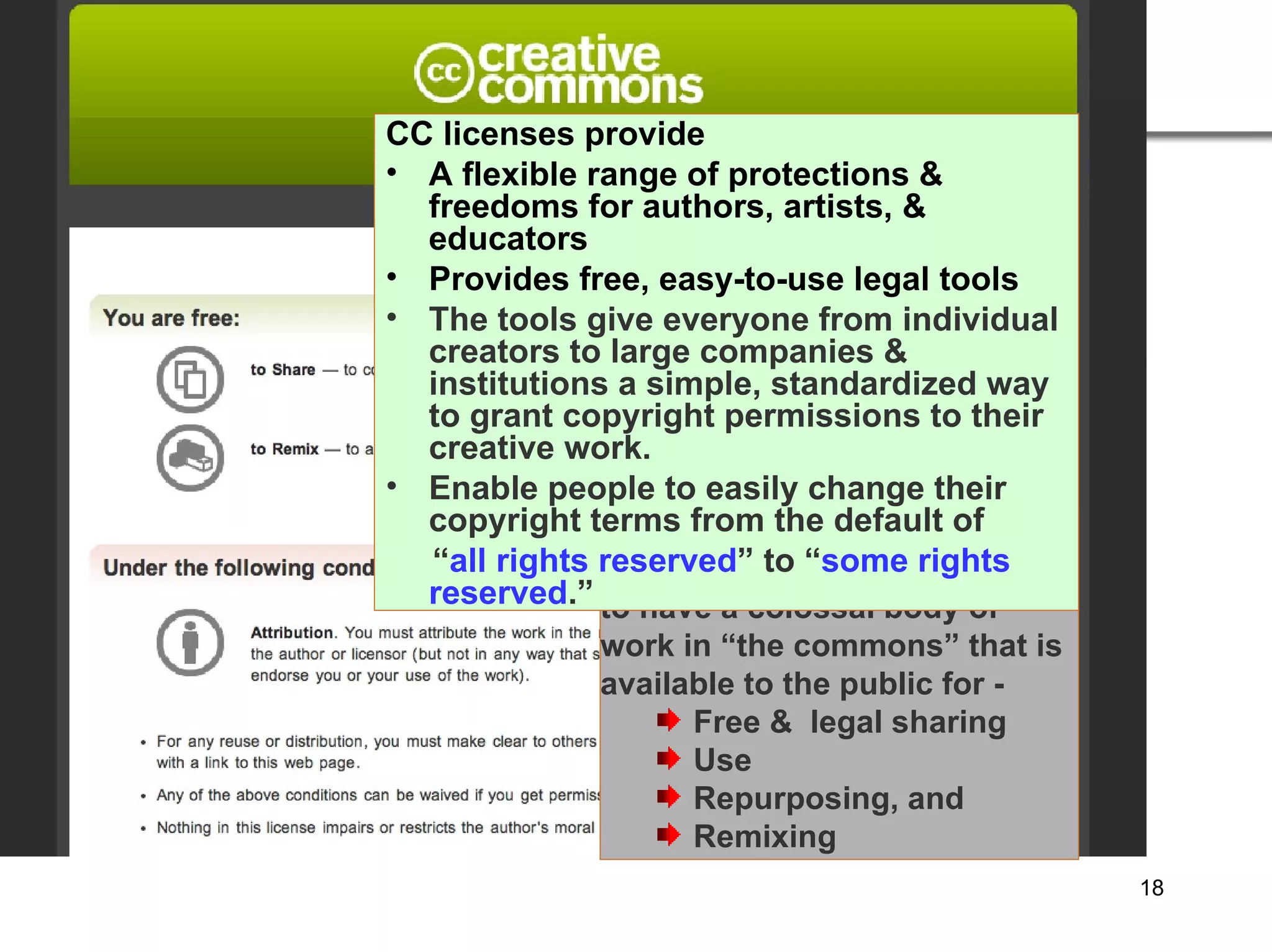 Second Pillar  Open Licensing Main purpose  to have a colossal body of work in “the commons” that is available to the public for - Free &  legal sharing  Use  Repurposing, and  Remixing CC licenses provide  A flexible range of protections & freedoms for authors, artists, & educators  Provides free, easy-to-use legal tools  The tools give everyone from individual creators to large companies & institutions a simple, standardized way to grant copyright permissions to their creative work.  Enable people to easily change their copyright terms from the default of  “ all rights reserved ” to “ some rights reserved .”  