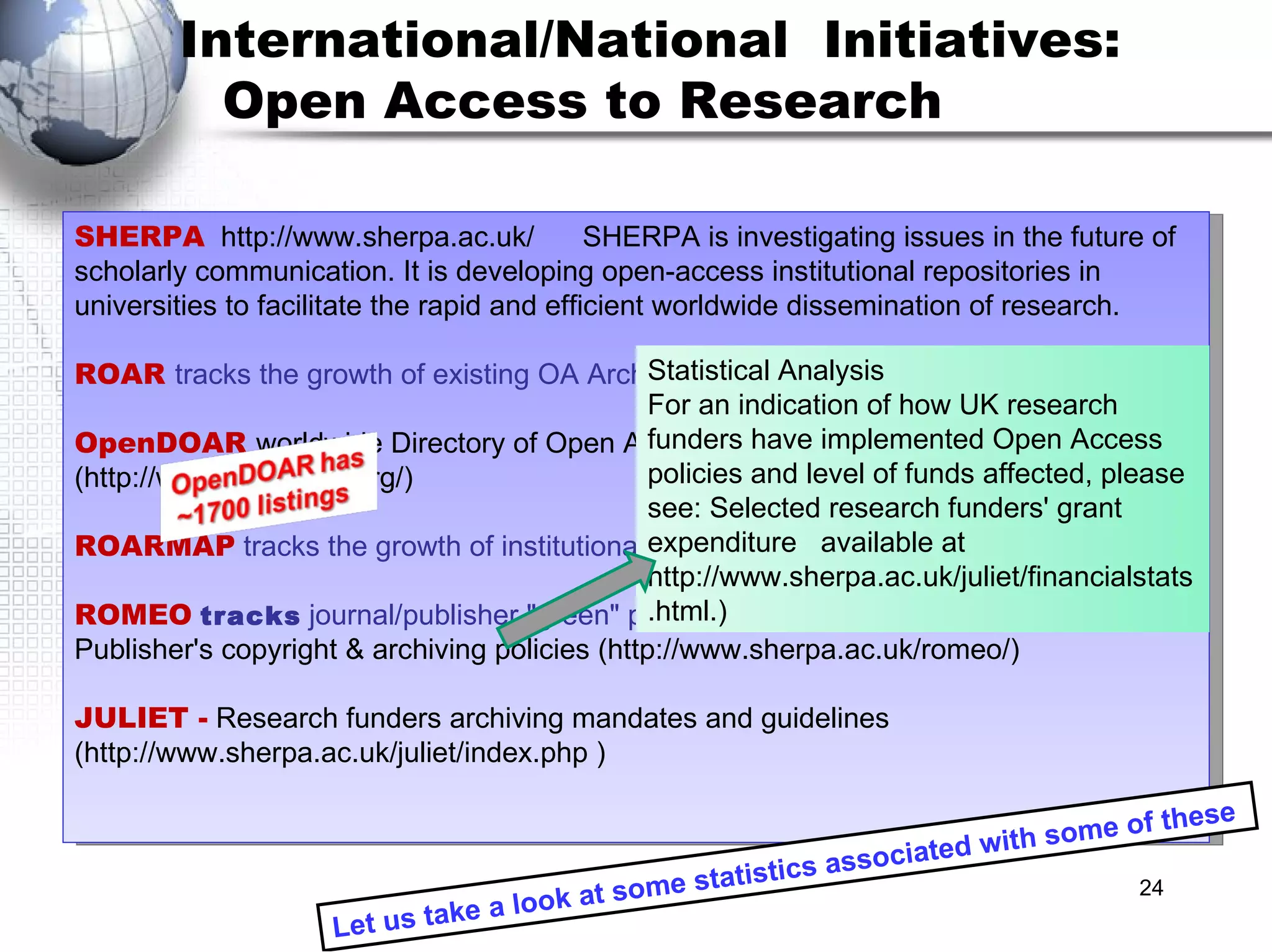 SHERPA   http://www.sherpa.ac.uk/  SHERPA is investigating issues in the future of scholarly communication. It is developing open-access institutional repositories in universities to facilitate the rapid and efficient worldwide dissemination of research.  ROAR   tracks the growth of existing OA Archives.  OpenDOAR   worldwide Directory of Open Access Repositories (http://www.opendoar.org/) ROARMAP   tracks the growth of institutional self-archiving policies .  ROMEO   tracks   journal/publisher "green" policies on author self-archiving  .  RoMEO - Publisher's copyright & archiving policies (http://www.sherpa.ac.uk/romeo/) JULIET -  Research funders archiving mandates and guidelines (http://www.sherpa.ac.uk/juliet/index.php ) Statistical Analysis For an indication of how UK research funders have implemented Open Access policies and level of funds affected, please see: Selected research funders' grant expenditure  available at http://www.sherpa.ac.uk/juliet/financialstats.html.) Let us take a look at some statistics associated with some of these  International/National  Initiatives:  Open Access to Research 