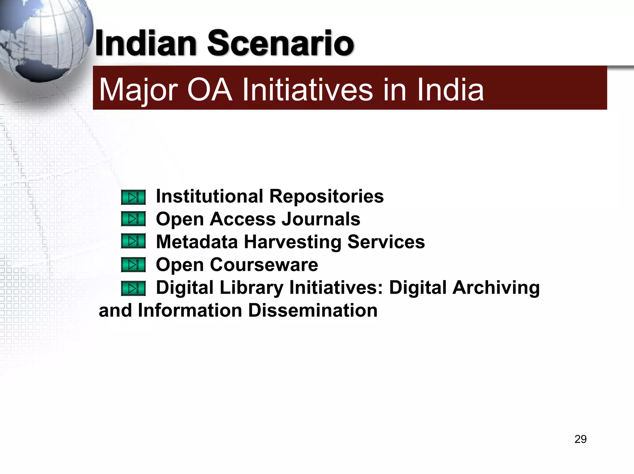 Major OA Initiatives in India Institutional Repositories Open Access Journals Metadata Harvesting Services   Open Courseware Digital Library Initiatives: Digital Archiving  and Information Dissemination 