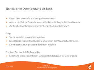 Einheitlicher Datenbestand als Basis


 Daten über viele Informationsquellen verstreut
 unterschiedlichste Datenformate, teilw. keine bibliographischen Formate
 Zahlreiche Publikationen sind nicht erfasst („Graue Literatur“)


Folge
 Suche in vielen Informationsquellen
 Kein Überblick über Publikationsaufkommen der WissenschaftlerInnen
 Keine Nachnutzung / Export der Daten möglich


Primäres Ziel der RUB Bibliographie
 Schaffung eines einheitlichen Datenbestand als Basis für viele Dienste



                                         UB Bochum /
22.10.2009                                                                  5
                                Projekt Hochschulbibliographie
 