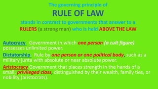 The governing principle of
RULE OF LAW
stands in contrast to governments that answer to a
RULERS (a strong man) who is held ABOVE THE LAW
Autocracy Government in which one person (a cult figure)
possesses unlimited power.
Dictatorship Rule by one person or one political body, such as a
military junta with absolute or near absolute power.
Aristocracy Government that places strength in the hands of a
small, privileged class, distinguished by their wealth, family ties, or
nobility (aristocrats).
 