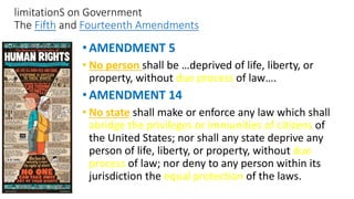 •AMENDMENT 5
• No person shall be …deprived of life, liberty, or
property, without due process of law….
•AMENDMENT 14
• No state shall make or enforce any law which shall
abridge the privileges or immunities of citizens of
the United States; nor shall any state deprive any
person of life, liberty, or property, without due
process of law; nor deny to any person within its
jurisdiction the equal protection of the laws.
limitationS on Government
The Fifth and Fourteenth Amendments
 