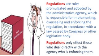 Regulations are rules
promulgated and adopted by
the administrative agency, which
is responsible for implementing,
overseeing and enforcing the
regulation, in accordance with a
law passed by Congress or other
legislative body.
..
Regulations only effect those
who deal directly with the
agency who is enforcing them.
 