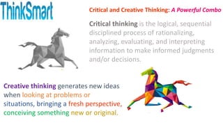 Critical thinking is the logical, sequential
disciplined process of rationalizing,
analyzing, evaluating, and interpreting
information to make informed judgments
and/or decisions.
Creative thinking generates new ideas
when looking at problems or
situations, bringing a fresh perspective,
conceiving something new or original.
Critical and Creative Thinking: A Powerful Combo
 
