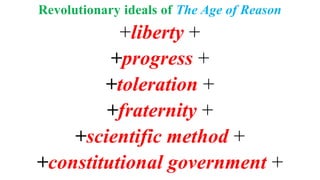 Revolutionary ideals of The Age of Reason
+liberty +
+progress +
+toleration +
+fraternity +
+scientific method +
+constitutional government +
 