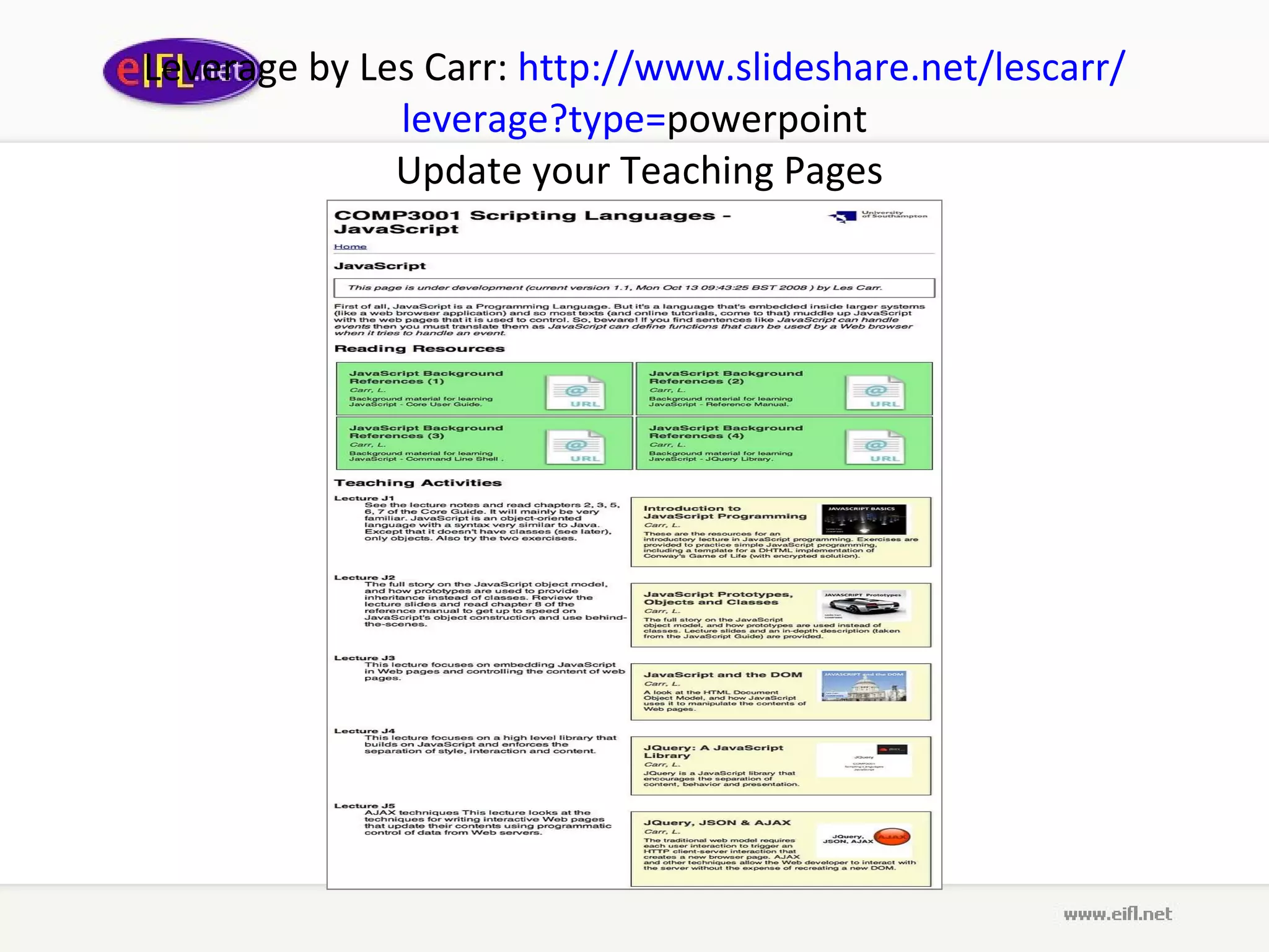 Leverage  by L es  C arr :  http :// www . slideshare . net / lescarr / leverage ? type = powerpoint  Update your Teaching Pages 