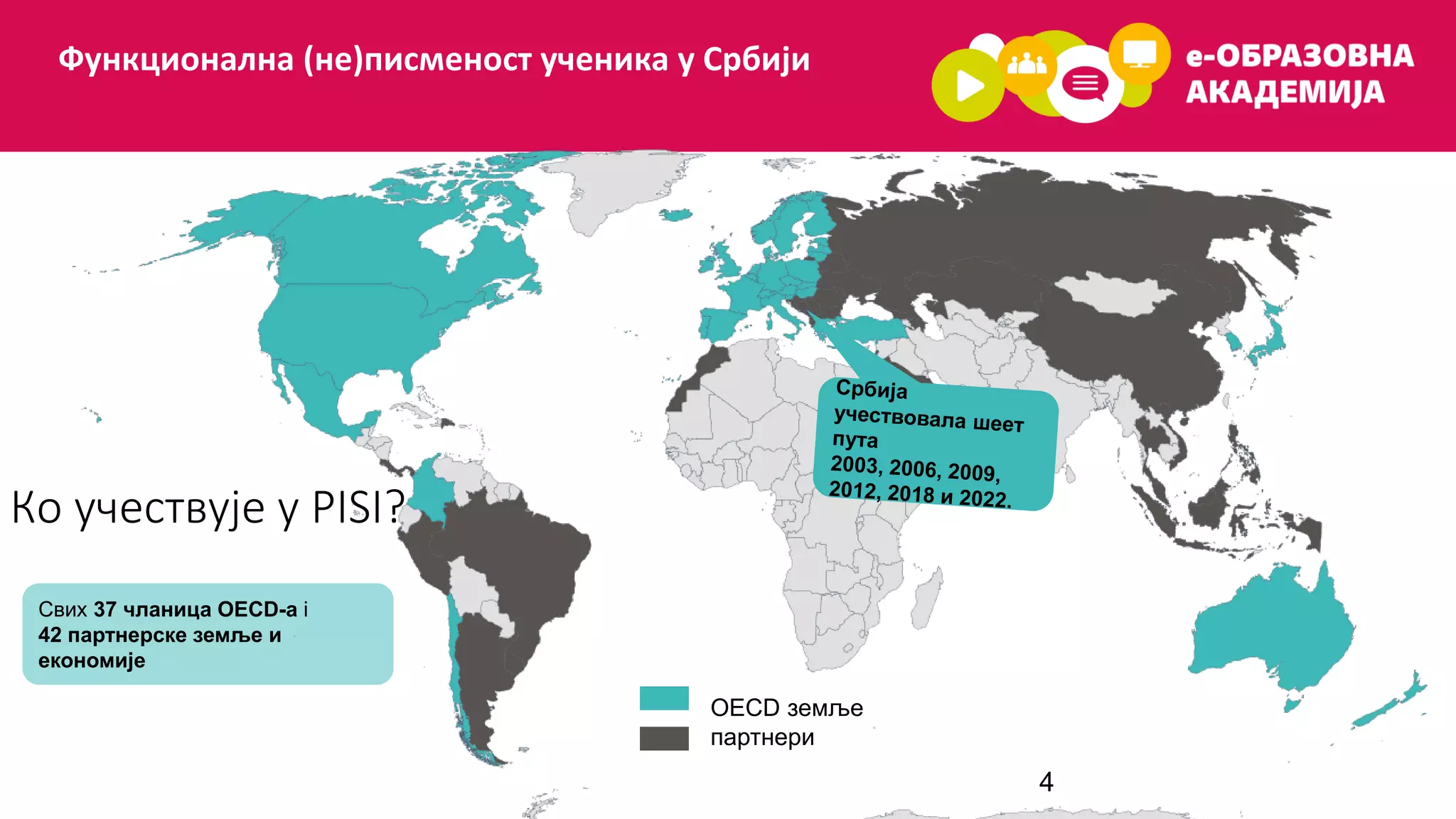 Функционална (не)писменост ученика у Србији
Ко учествује у PISI?
4
Свих 37 чланица OECD-a i
42 партнерске земље и
економијe
OECD земље
партнери
 