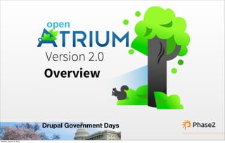 Version 2.0
Overview
Drupal Government Days
Monday, August 19, 2013
 