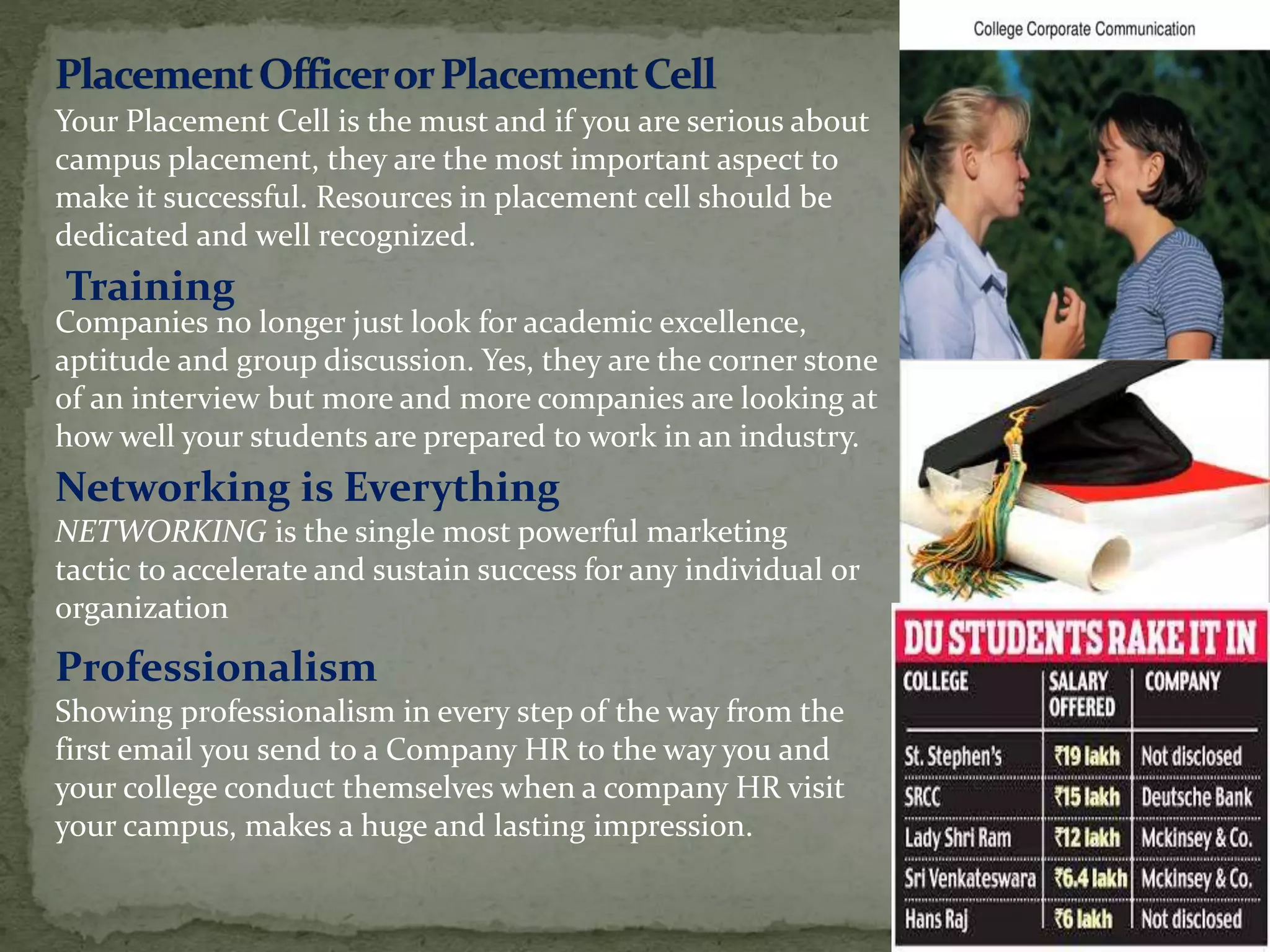 Your Placement Cell is the must and if you are serious about
campus placement, they are the most important aspect to
make it successful. Resources in placement cell should be
dedicated and well recognized.
Companies no longer just look for academic excellence,
aptitude and group discussion. Yes, they are the corner stone
of an interview but more and more companies are looking at
how well your students are prepared to work in an industry.
Training
Networking is Everything
NETWORKING is the single most powerful marketing
tactic to accelerate and sustain success for any individual or
organization
Professionalism
Showing professionalism in every step of the way from the
first email you send to a Company HR to the way you and
your college conduct themselves when a company HR visit
your campus, makes a huge and lasting impression.
 