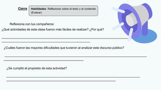 Habilidades: Reflexionar sobre el texto y el contenido
(Evaluar)
Cierre
Reflexiona con tus compañeros:
¿Qué actividades de esta clase fueron más fáciles de realizar? ¿Por qué?
_________________________________________________________________________________________
___________________________________________________
¿Cuáles fueron las mayores dificultades que tuvieron al analizar este discurso público?
__________________________________________________________________________________
______________________________________________
¿Se cumplió el propósito de esta actividad?
_____________________________________________________________________________
_______________________________________________________________
 