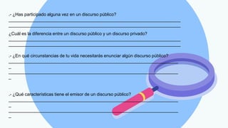 .- ¿Has participado alguna vez en un discurso público?
______________________________________________________________________
______________________________________________________________________
¿Cuál es la diferencia entre un discurso público y un discurso privado?
______________________________________________________________________
______________________________________________________________________
.- ¿En qué circunstancias de tu vida necesitarás enunciar algún discurso público?
_____________________________________________________________________
_
_____________________________________________________________________
_
.- ¿Qué características tiene el emisor de un discurso público?
_____________________________________________________________________
_
_____________________________________________________________________
_
 