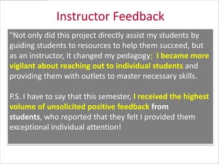 Instructor Feedback
"Not only did this project directly assist my students by
guiding students to resources to help them succeed, but
as an instructor, it changed my pedagogy; I became more
vigilant about reaching out to individual students and
providing them with outlets to master necessary skills.
P.S. I have to say that this semester, I received the highest
volume of unsolicited positive feedback from
students, who reported that they felt I provided them
exceptional individual attention!

 