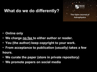 • Online only
• We charge no fee to either author or reader.
• You (the author) keep copyright to your work.
• From acceptance to publication (usually) takes a few
hours.
• We curate the paper (store in private repository)
• We promote papers on social media
What do we do differently?
 