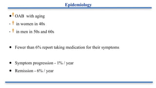● OAB with aging
- in women in 40s
- in men in 50s and 60s
● Fewer than 6% report taking medication for their symptoms
● Symptom progression - 1% / year
● Remission - 6% / year
Epidemiology
 