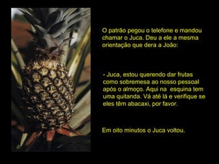O patrão pegou o telefone e mandou chamar o Juca. Deu a ele a mesma  orientação que dera a João: - Juca, estou querendo dar frutas como sobremesa ao nosso pessoal após o almoço. Aqui na  esquina tem uma quitanda. Vá até lá e verifique se eles têm abacaxi, por favor. Em oito minutos o Juca voltou. 