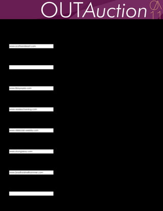 Scott Sanders                 Scott Sanders grew up on the west coast of central Florida. After receiving a BFA in studio art from
                              Florida State University, he relocated to DUMBO Brooklyn in 1996 and became involved with the
b. 1970                       local art scene, which included working with Joy Glidden on the first annual Dumbo Arts Festival
                              and Christo & Jeanne-Claude on the "Gates" project in Central Park. As a painter, he has shown
                              throughout New York City and cherishes the rich history of the New York art scene. Considered a
www.scottsandesart.com        surrealist, his work is a combination of abstract expressionism, symbolism and traditionalism.


Santiago                      Born in Mexico D.F., raised in Los Angeles and now living and based in Chelsea, Santiago creates
                              iconic images that are charged with elegance and beauty.
                              Originally a costume designer and fashion stylist, his distinct fashion styling has graced the pages
                              of Vogue, Vanity Fair, In Style and The New York Times Magazine. He also served on Broadway as
                              a wardrobe consultant for the musical Chicago and as costume designer for John Leguizamo for
                              his Broadway productions, as well as with Cheech Marin on his Broadway directorial debut.


Libby Saylor                  Libby Saylor was born in Pennsylvania, and attended the University of the Arts in Philadelphia
                              where she received a BFA in photography in 2002. Libby has had solo shows at the Philadelphia
b. 1979                       Art Alliance in 2006 and at Inliquid Solo Exhibition Series in Philadelphia in 2004. She has exhibited
                              widely in Philadelphia and New York, as well as in Las Vegas, NV, Washington, DC, Ft. Collins, CO,
                              and Rome, Italy. Libby works at the Metropolitan Museum of Art and lives in New York City.
www.libbysaylor.com


Wade Schaming                 Wade Schaming was born in Pittsburgh, Pennsylvania. Educated at University of Pittsburgh (BA,
                              Film Studies, Studio Arts, 2006) and School of Visual Arts (MFA Fine Arts, 2010), Schaming currently
b. 1984                       lives and works in New York City. His submission to OUTAuction 2011 can be seen in the
                              publication CRUSHFanzine, Auxiliary Issue #2 Secret Crush.

www.wadeschaming.com


Nikki Sclair                  Nikki Sclair, of Merrick, NY, graduated Magna Cum Laude with a BFA from the Fashion Institute of
                              Technology. She recieved her MA at Hofstra in Comparative Arts & Culture, and has had
b. 1983                       experience at the Metropolitan Museum of Art, Hispanic Society, and the Nassau Museum,
                              involved in archiving, conservation, and education. Currently working in the specialized field of
                              art transport, her preferred mediums are paint, found object/mixed media sculpture,
www.nikkisclair.weebly.com    photography and photolithography. She has previously exhibited at The Lobby Gallery, The Cup,
                              and P.A.C.E. Gallery, among others.

Shungaboy                     SHUNGABOY is a gay male visual artist whose work focuses on the male figure and faces. He
                              paints at several drawing groups in the city and occasionally in Los Angeles. He graduated from
b. 1960                       Cornell University with a degree in architecture and worked for various international firms before
                              embarking on his current painting career. He resides in NYC.

www.shungaboy.com


Bradford Shellhammer          Bradford Shellhammer is a New York Times featured decorator, Parsons-trained fashion designer,
                              and old school blogger. He's co-founder and Chief Creative Officer of Fab.com. He created the
b. 1976                       gay blog Queerty (where he won a Bloggie) and has launched retail businesses for Blu Dot and
                              Design Within Reach, where he also co-founded and wrote their Design Notes blog. He is a
                              contributor to Dwell and has kept a personal blog for over a decade. He lives in New York City.
www.bradfordshellhammer.com   He owns 137 pairs of shoes and has a weakness for paisley, Paul Smith, and Scandinavian electro-
                              pop.

Kelsey Shwetz                 Kelsey Shwetz is a practicing Canadian visual artist. Her work explores contemporary ideas about
                              the body, visually navigating through the social contexts that modify them. Specifically, she
b. 1986                       addresses how social norms govern or else subvert beauty, sexuality, androgyny, fertility, and
                              decay. Shwetz encourages the viewer to embrace progression and new identifications, while
                              engaging them in the aesthetic pleasure of the present tense. Shwetz holds a Bachelors degree
                              in Psychology with a minor in Painting from the University of Manitoba. Her work has appeared in
                              collective and solo exhibitions nationally and internationally.
 