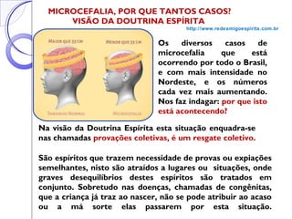 MICROCEFALIA, POR QUE TANTOS CASOS?
VISÃO DA DOUTRINA ESPÍRITA
http://www.redeamigoespirita.com.br
São espíritos que trazem necessidade de provas ou expiações
semelhantes, nisto são atraídos a lugares ou situações, onde
graves desequilíbrios destes espíritos são tratados em
conjunto. Sobretudo nas doenças, chamadas de congênitas,
que a criança já traz ao nascer, não se pode atribuir ao acaso
ou a má sorte elas passarem por esta situação.
Os diversos casos de
microcefalia que está
ocorrendo por todo o Brasil,
e com mais intensidade no
Nordeste, e os números
cada vez mais aumentando.
Nos faz indagar: por que isto
está acontecendo?
Na visão da Doutrina Espírita esta situação enquadra-se
nas chamadas provações coletivas, é um resgate coletivo.
 