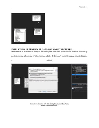 Página | 11
ESTRUCTURA DE MINERÍA DE DATOS (MINING STRUCTURES)
Habilitamos el asistente de minería de datos para crear una estructura de minería de datos y
posteriormente seleccionar el “algoritmo de árboles de decisión” como técnica de minería de datos
a utilizar. .
Ilustración 7: Creación de la data Mining Structure en Data Tools.
Fuente: Elaboración Propia.
 