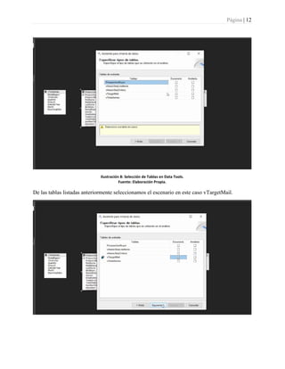 Página | 12
Ilustración 8: Selección de Tablas en Data Tools.
Fuente: Elaboración Propia.
De las tablas listadas anteriormente seleccionamos el escenario en este caso vTargetMail.
 