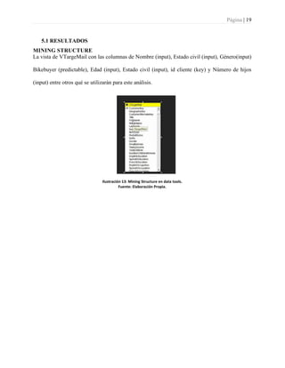 Página | 19
5.1 RESULTADOS
MINING STRUCTURE
La vista de VTargeMail con las columnas de Nombre (input), Estado civil (input), Género(input)
Bikebuyer (predictable), Edad (input), Estado civil (input), id cliente (key) y Número de hijos
(input) entre otros qué se utilizarán para este análisis.
Ilustración 13: Mining Structure en data tools.
Fuente: Elaboración Propia.
 