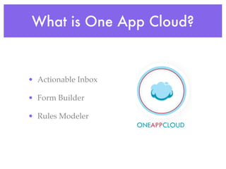 What is One App Cloud?


• Actionable Inbox

• Form Builder

• Rules Modeler
 
