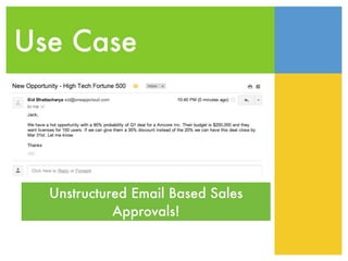 Use Case




  Unstructured Email Based Sales
            Approvals!
 