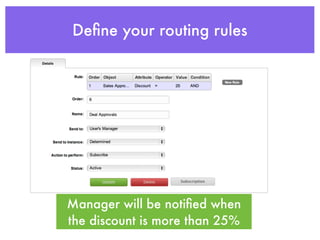 Deﬁne your routing rules




Manager will be notiﬁed when
the discount is more than 25%
 