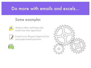 Do more with emails and excels...

    Some examples

•   Analyze inbox and bring sales
    emails into One App Cloud

•   Create Leave Request Approvals for
    your paper based processes
 