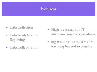 Problems



• Data Collection
                          • High investment in IT
• Data Analytics and        infrastructure and operations
  Reporting
                          • Big box ERPs and CRMs are
• Data Collaboration        too complex and expensive
 