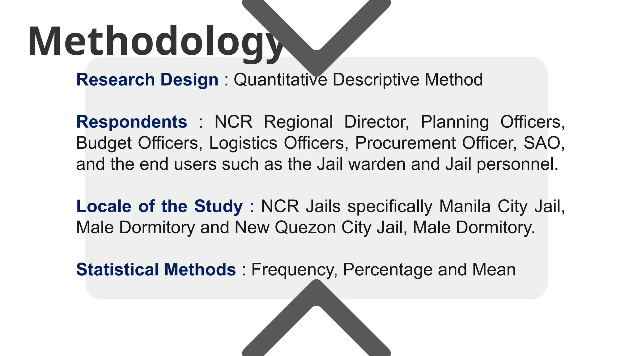 Methodology
Research Design : Quantitative Descriptive Method
Respondents : NCR Regional Director, Planning Officers,
Budget Officers, Logistics Officers, Procurement Officer, SAO,
and the end users such as the Jail warden and Jail personnel.
Locale of the Study : NCR Jails specifically Manila City Jail,
Male Dormitory and New Quezon City Jail, Male Dormitory.
Statistical Methods : Frequency, Percentage and Mean
 