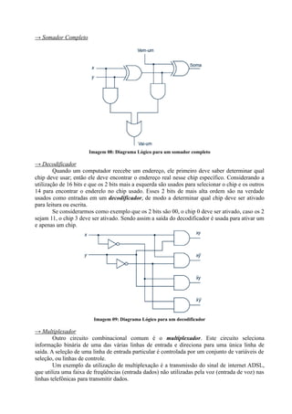 → Somador Completo




                       Imagem 08: Diagrama Lógico para um somador completo

→ Decodificador
        Quando um computador reecebe um endereço, ele primeiro deve saber determinar qual
chip deve usar; então ele deve encontrar o endereço real nesse chip específico. Considerando a
utilização de 16 bits e que os 2 bits mais a esquerda são usados para selecionar o chip e os outros
14 para encontrar o enderelo no chip usado. Esses 2 bits de mais alta ordem são na verdade
usados como entradas em um decodificador, de modo a determinar qual chip deve ser ativado
para leitura ou escrita.
        Se considerarmos como exemplo que os 2 bits são 00, o chip 0 deve ser ativado, caso os 2
sejam 11, o chip 3 deve ser ativado. Sendo assim a saída do decodificador é usada para ativar um
e apenas um chip.




                         Imagem 09: Diagrama Lógico para um decodificador

→ Multiplexador
        Outro circuito combinacional comum é o multiplexador. Este circuito seleciona
informação binária de uma das várias linhas de entrada e direciona para uma única linha de
saída. A seleção de uma linha de entrada particular é controlada por um conjunto de variáveis de
seleção, ou linhas de controle.
        Um exemplo da utilização de multiplexação é a transmissão do sinal de internet ADSL,
que utiliza uma faixa de freqüências (entrada dados) não utilizadas pela voz (entrada de voz) nas
linhas telefônicas para transmitir dados.
 