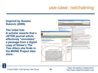 use-case: netchaining Inspired by Suzana Sukovic (2008). The initial link: A scholar asserts that a JSTOR journal article ...