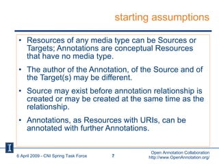 starting assumptions <ul><li>Resources of any media type can be Sources or Targets; Annotations are conceptual Resources t...