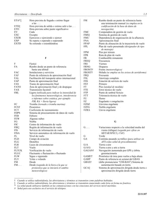 Abreviaturas — Descifrado                                                                                                           1-5

ETA*‡           Hora prevista de llegada o estimo llegar                 FM              Rumbo desde un punto de referencia hasta
                  a las . . .                                                              una terminación manual (se emplea en la
ETD‡            Hora prevista de salida o estimo salir a las . . .                         codificación de la base de datos de
ETO             Hora prevista sobre punto significativo                                    navegación)
EV              Cada                                                     FMC             Computadora de gestión de vuelo
EXC             Excepto                                                  FMS‡            Sistema de gestión de vuelo
EXER            Ejercicios o ejerciendo o ejercer                        FMU             Dependencia de organización de la afluencia
EXP             Se espera o esperado o esperando                         FNA             Aproximación final
EXTD            Se extiende o extendiéndose                              FPAP            Punto de alineación de la trayectoria de vuelo
                                                                         FPL             Plan de vuelo presentado (designador de tipo
                                                                                           de mensaje)
                                                                         FPM             Pies por minuto
                                                                         FPR             Ruta de plan de vuelo
                                F                                        FR              Combustible remanente
                                                                         FREQ            Frecuencia
F               Fijo(a)                                                  FRI             Viernes
FA              Rumbo desde un punto de referencia                       FRNG            Disparos
                  hasta una altitud                                      FRONT†          Frente (meteorológico)
FAC             Instalaciones y servicios                                FROST†          Helada (se emplea en los avisos de aeródromo)
FAF             Punto de referencia de aproximación final                FRQ             Frecuente
FAL             Facilitación del transporte aéreo internacional          FSL             Aterrizaje completo
FAP             Punto de aproximación final                              FSS             Estación de servicio de vuelo
FAS             Tramo de aproximación final                              FST             Primero
FATO            Área de aproximación final y de despegue                 FT              Pies (unidad de medida)
FAX             Transmisión facsímil                                     FTE             Error técnico de vuelo
FBL             Ligera (utilizada para indicar la intensidad de          FTP             Punto de umbral ficticio
                  los fenómenos meteorológicos, interferencia            FTT             Tolerancia técnica de vuelo
                  o informes sobre estática, por ejemplo                 FU              Humo
                  FBL RA = lluvia ligera)                                FZ              Engelante o congelación
FC              Tromba (tornado o tromba marina)                         FZDZ            Llovizna engelante
FCST            Pronóstico                                               FZFG            Niebla engelante
FCT             Coeficiente de razonamiento                              FZRA            Lluvia engelante
FDPS            Sistema de procesamiento de datos de vuelo
FEB             Febrero
FEW             Algunas nubes
FG              Niebla                                                                                   G
FIC             Centro de información de vuelo
FIR‡            Región de información de vuelo                           G...            Variaciones respecto a la velocidad media del
FIS             Servicio de información de vuelo                                           viento (ráfagas) (seguida por cifras en
FISA            Servicio automático de información de vuelo                                METAR/SPECI y TAF)
FL              Nivel de vuelo                                           G               Verde
FLD             Campo de aviación                                        GA              Continúe pasando su tráfico (para utilizar en
FLG             Destellos                                                                  AFS como señal de procedimiento)
FLR             Luces de circunstancias                                  G/A             Tierra a aire
FLT             Vuelo                                                    G/A/G           Tierra a aire y aire a tierra
FLTCK           Verificación de vuelo                                    GAGAN†          Navegación aumentada por GPS y órbita
FLUC            Fluctuante o fluctuación o fluctuado                                       geoestacionaria
FLW             Sigue o siguiendo                                        GAMET           Pronóstico de área para vuelos a baja altura
FLY             Volar o volando                                          GARP            Punto de referencia en azimut del GBAS
FM              Desde                                                    GBAS†           (debe pronunciarse “CHI-BAS”) Sistema de
FM . . .        Desde (seguida de la hora a la que se                                      aumentación basado en tierra
                  pronostica que se iniciará el cambio                   GCA‡            Sistema de aproximación dirigida desde tierra o
                  meteorológico)                                                           aproximación dirigida desde tierra


†   Cuando se utiliza radiotelefonía, las abreviaturas y términos se transmiten como palabras habladas.
‡   Cuando se utiliza radiotelefonía, las abreviaturas y términos se transmiten enunciando cada letra en forma no fonética.
*   La señal puede utilizarse también en las comunicaciones con las estaciones del servicio móvil marítimo.
#   Señal para uso exclusivo en el servicio de teletipos.

                                                                                                                               22/11/07
 