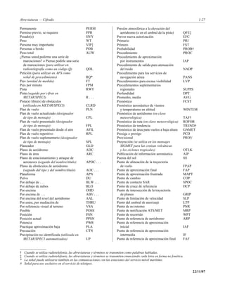 Abreviaturas — Cifrado                                                                                                              1-27

Permanente                                        PERM                   Presión atmosférica a la elevación del
Permiso previo, se requiere                       PPR                      aeródromo (o en el umbral de la pista)         QFE‡
Pesado(a)                                         HVY                    Prever nueva autorización                        EFC
Peso                                              WT                     Primario                                         PRI
Persona muy importante                            VIP‡                   Primero                                          FST
Personas a bordo                                  POB                    Probabilidad                                     PROB†
Peso total                                        AUW                    Procedimiento                                    PROC
¿Piensa usted pedirme una serie de                                       Procedimiento de aproximación
  marcaciones? o Pienso pedirle una serie                                  por instrumentos                               IAP
  de marcaciones (para utilizar en                                       Procedimiento de salida para atenuación
  radiotelegrafía como un código Q)               QDL                      del ruido                                      NADP
Petición (para utilizar en AFS como                                      Procedimiento para los servicios de
  señal de procedimiento)                         RQ*                      navegación aérea                               PANS
Pies (unidad de medida)                           FT                     Procedimientos para escasa visibilidad           LVP
Pies por minuto                                   FPM                    Procedimientos suplementarios
Pista                                             RWY                      regionales                                     SUPPS
Pista (seguida por cifras en                                             Profundidad                                      DPT
  METAR/SPECI)                                    R...                   Promedio, media                                  AVG
Pista(s) libre(s) de obstáculos                                          Pronóstico                                       FCST
  (utilizada en METAR/SPECI)                      CLRD                   Pronóstico aeronáutico de vientos
Plan de vuelo                                     PLN                      y temperaturas en altitud                      WINTEM
Plan de vuelo actualizado (designador                                    Pronóstico de aeródromo (en clave
  de tipo de mensaje)                             CPL                      meteorológica)                                 TAF†
Plan de vuelo presentado (designador                                     Pronóstico de ruta (en clave meteorológica)      ROFOR
  de tipo de mensaje)                             FPL                    Pronóstico de tendencia                          TREND†
Plan de vuelo presentado desde el aire            AFIL                   Pronóstico de área para vuelos a baja altura     GAMET
Plan de vuelo repetitivo                          RPL                    Prosiga o prosigo                                PCD
Plan de vuelo suplementario (designador                                  Provisional                                      PROV
  de tipo de mensaje)                             SPL                    Proyección (se utiliza en los mensajes
Planeador                                         GLD                      SIGMET para las cenizas volcánicas
Plano de aeródromo                                ADC                      y los ciclones tropicales)                     OTLK
Plano de área                                     ARC                    Publicación de información aeronáutica           AIP
Plano de estacionamiento y atraque de                                    Puesta del sol                                   SS
  aeronaves (seguido del nombre/título)           APDC . . .             Punto de alineación de la trayectoria
Plano de obstáculos de aeródromo                                           de vuelo                                       FPAP
  (seguido del tipo y del nombre/título)          AOC . . .              Punto de aproximación final                      FAP
Plataforma                                        APN                    Punto de aproximación frustrada                  MAPT
Polvo                                             DU                     Punto de cambio                                  COP
Por debajo de . . .                               BLW . . .              Punto de contacto SAR                            SPOC
Por debajo de nubes                               BLO                    Punto de cruce de referencia                     DCP
Por encima                                        OHD                    Punto de intersección de la trayectoria
Por encima de . . .                               ABV . . .                de planeo                                      GRIP
Por encima del nivel del aeródromo                AAL                    Punto de limitación de velocidad                 SLP
Por entre, por mediación de                       THRU                   Punto del umbral de aterrizaje                   LTP
Por referencia visual al terreno                  VSA                    Punto de no retorno                              PNR
Posible                                           POSS                   Punto de notificación ATS/MET                    MRP
Posición                                          PSN                    Punto de recorrido                               WPT
Posición actual                                   PPSN                   Punto de referencia de aeródromo                 ARP
Potencia                                          PWR                    Punto de referencia de aproximación
Practique aproximación baja                       PLA                      inicial                                        IAF
Precaución                                        CTN                    Punto de referencia de aproximación
Precipitación no identificada (utilizada en                                intermedia                                     IF
  METAR/SPECI automatizados)                      UP                     Punto de referencia de aproximación final        FAF


†   Cuando se utiliza radiotelefonía, las abreviaturas y términos se transmiten como palabras habladas.
‡   Cuando se utiliza radiotelefonía, las abreviaturas y términos se transmiten enunciando cada letra en forma no fonética.
*   La señal puede utilizarse también en las comunicaciones con las estaciones del servicio móvil marítimo.
#   Señal para uso exclusivo en el servicio de teletipos.

                                                                                                                                 22/11/07
 