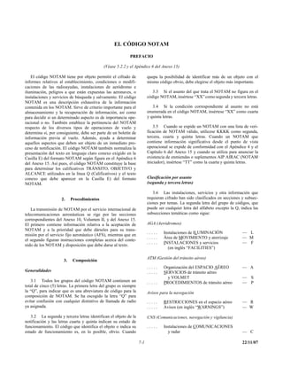 EL CÓDIGO NOTAM

                                                            PREFACIO

                                             (Véase 5.2.2 y el Apéndice 6 del Anexo 15)

   El código NOTAM tiene por objeto permitir el cifrado de               quepa la posibilidad de identificar más de un objeto con el
informes relativos al establecimiento, condiciones o modifi-             mismo código obvio, debe elegirse el objeto más importante.
caciones de las radioayudas, instalaciones de aeródromo e
iluminación, peligros a que están expuestas las aeronaves, o                3.3 Si el asunto del que trata el NOTAM no figura en el
instalaciones y servicios de búsqueda y salvamento. El código            código NOTAM, insértese “XX” como segunda y tercera letras.
NOTAM es una descripción exhaustiva de la información
contenida en los NOTAM. Sirve de criterio importante para el                3.4 Si la condición correspondiente al asunto no está
almacenamiento y la recuperación de información, así como                enumerada en el código NOTAM, insértese “XX” como cuarta
para decidir si un determinado aspecto es de importancia ope-            y quinta letras.
racional o no. También establece la pertinencia del NOTAM
respecto de los diversos tipos de operaciones de vuelo y                    3.5 Cuando se expide un NOTAM con una lista de veri-
determina si, por consiguiente, debe ser parte de un boletín de          ficación de NOTAM válido, utilícese KKKK como segunda,
información previa al vuelo. Además, ayuda a determinar                  tercera, cuarta y quinta letras. Cuando un NOTAM que
aquellos aspectos que deben ser objeto de un inmediato pro-              contiene información significativa desde el punto de vista
ceso de notificación. El código NOTAM también normaliza la               operacional se expide de conformidad con el Apéndice 4 y el
presentación del texto en lenguaje claro conexo exigido en la            Capítulo 6 del Anexo 15 y cuando se utiliza para anunciar la
Casilla E) del formato NOTAM según figura en el Apéndice 6               existencia de enmiendas o suplementos AIP AIRAC (NOTAM
del Anexo 15. Así pues, el código NOTAM constituye la base               iniciador), insértese “TT” como la cuarta y quinta letras.
para determinar los calificativos TRÁNSITO, OBJETIVO y
ALCANCE utilizados en la línea Q (Calificativos) y el texto
conexo que debe aparecer en la Casilla E) del formato                    Clasificación por asunto
NOTAM.                                                                   (segunda y tercera letras)

                                                                            3.6 Las instalaciones, servicios y otra información que
                     2.    Procedimientos                                requieran cifrado han sido clasificados en secciones y subsec-
                                                                         ciones por temas. La segunda letra del grupo de códigos, que
    La transmisión de NOTAM por el servicio internacional de             puede ser cualquier letra del alfabeto excepto la Q, indica las
telecomunicaciones aeronáuticas se rige por las secciones                subsecciones temáticas como sigue:
correspondientes del Anexo 10, Volumen II, y del Anexo 15.
El primero contiene información relativa a la aceptación de              AGA (Aeródromos)
NOTAM y a la prioridad que debe dárseles para su trans-
                                                                         .....    Instalaciones de ILUMINACIÓN                 — L
misión por el servicio fijo aeronáutico (AFS), mientras que en
                                                                         .....    Área de MOVIMIENTO y aterrizaje              — M
el segundo figuran instrucciones completas acerca del conte-
                                                                         .....    INSTALACIONES y servicios                    — F
nido de los NOTAM y disposición que debe darse al texto.
                                                                                    (en inglés “FACILITIES”)

                                                                         ATM (Gestión del tránsito aéreo)
                      3.    Composición
                                                                         .....    Organización del ESPACIO AÉREO               — A
Generalidades                                                            .....    SERVICIOS de tránsito aéreo
                                                                                    y VOLMET                                   — S
   3.1 Todos los grupos del código NOTAM contienen un                    .....    PROCEDIMIENTOS de tránsito aéreo             — P
total de cinco (5) letras. La primera letra del grupo es siempre
la “Q”, para indicar que es una abreviatura de código para la            Avisos para la navegación
composición de NOTAM. Se ha escogido la letra “Q” para
evitar confusión con cualquier distintivo de llamada de radio            .....    RESTRICCIONES en el espacio aéreo            — R
ya asignada.                                                             .....    Avisos (en inglés “WARNINGS”)                — W

   3.2 La segunda y tercera letras identifican el objeto de la           CNS (Comunicaciones, navegación y vigilancia)
notificación y las letras cuarta y quinta indican su estado de
funcionamiento. El código que identifica el objeto o indica su           .....    Instalaciones de COMUNICACIONES
estado de funcionamiento es, en lo posible, obvio. Cuando                           y radar                                    — C

                                                                   7-1                                                         22/11/07
 