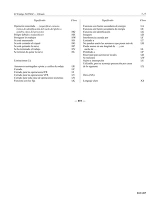 El Código NOTAM — Cifrado                                                                                            7-17

                    Significado                       Clave                     Significado                         Clave

Operación cancelada . . . (especificar caracte-               Funciona con fuente secundaria de energía              LA
  rística de identificación del vuelo del globo o             Funciona sin fuente secundaria de energía              LE
  nombre clave del proyecto)                          HQ      Funciona sin identificación                            LG
Peligro debido a (especificar)                        HH      Inseguro                                               LD
Prosiguen los trabajos                                HW      Interferencia causada por                              LF
Se está enarenando                                    HS      Limitado a                                             LT
Se está cortando el césped                            HG      No pueden usarlo las aeronaves que pesen más de        LH
Se está quitando la nieve                             HP      Puede usarse en una longitud de . . . y un
Se ha terminado el trabajo                            HV       ancho de . . .                                        LL
Se terminó de quitar la nieve                         HL      Prohibido a                                            LP
                                                              Reservado para aeronaves locales                       LB
                                                              Se realizará                                           LW
Limitaciones (L)                                              Sujeto a interrupción                                  LS
                                                              Utilizable, pero se aconseja precaución por causa
Aeronaves restringidas a pista y a calles de rodaje   LR      de lo siguiente                                        LX
Cerrado                                               LC
Cerrado para las operaciones IFR                      LI
Cerrado para las operaciones VFR                      LV      Otros (XX)
Cerrado para toda clase de operaciones nocturnas      LN
Funciona con luz fija                                 LK      Lenguaje claro                                         XX




                                                         — FIN —




                                                                                                                  22/11/07
 