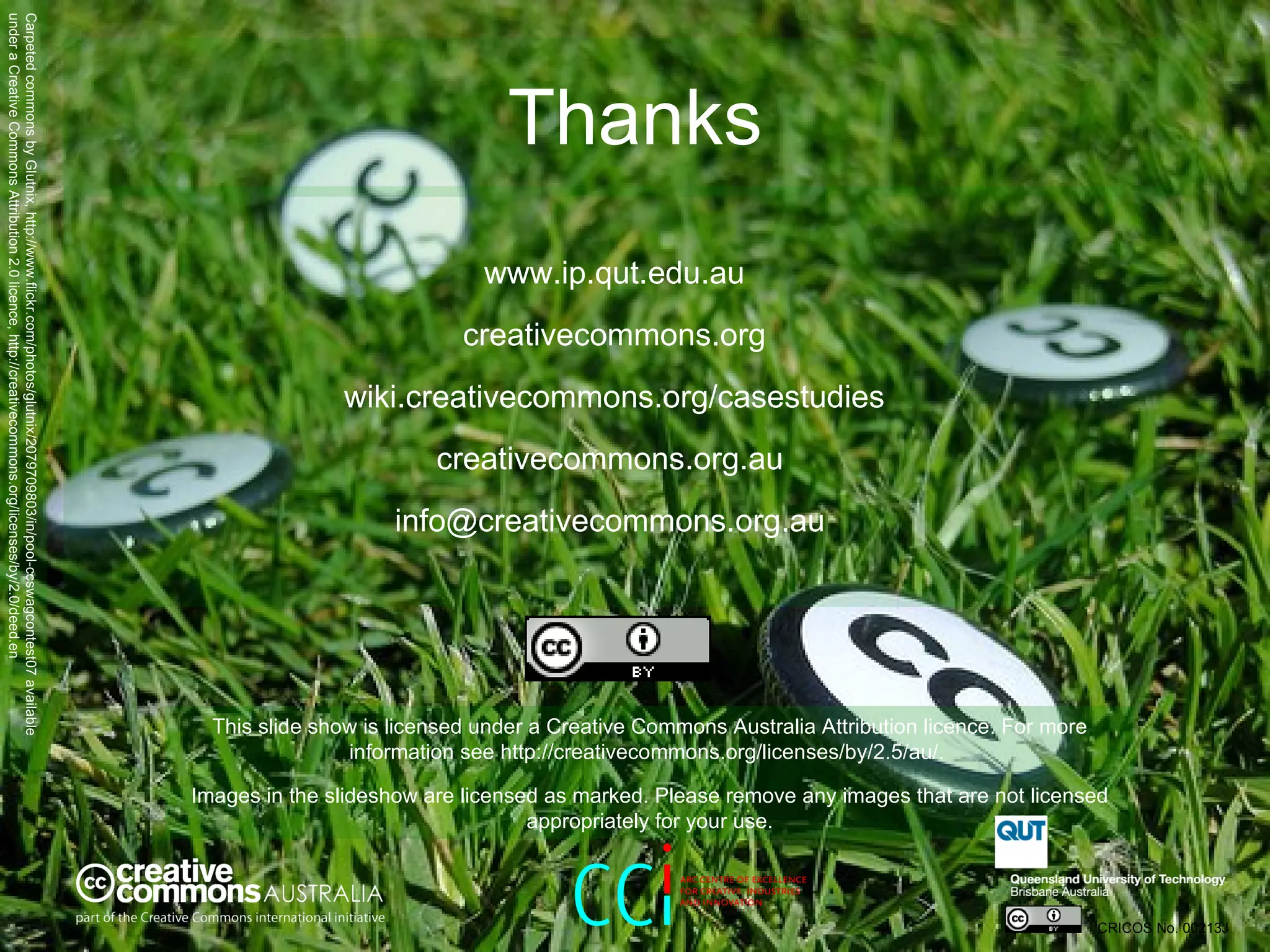 Thanks www.ip.qut.edu.au creativecommons.org wiki.creativecommons.org/casestudies creativecommons.org.au  info@creativecommons.org.au  CRICOS No. 00213J   This slide show is licensed under a Creative Commons Australia Attribution licence. For more information see http://creativecommons.org/licenses/by/2.5/au/.  Images in the slideshow are licensed as marked. Please remove any images that are not licensed appropriately for your use. Carpeted commons by Glutnix, http://www.flickr.com/photos/glutnix/2079709803/in/pool-ccswagcontest07 available under a Creative Commons Attribution 2.0 licence, http://creativecommons.org/licenses/by/2.0/deed.en  