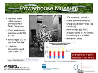 Powerhouse Museum CRICOS No. 00213J   released 1500 public domain photographs to Flickr Commons ‘ Play’ worksheets available under CC BY-NC encouraged CC for ‘photo of the day’ collection descriptions and data under CC Woman holding decorated bicycle, Phillips Glass Plate Negative Collection, Powerhouse Museum,  www.powerhousemuseum.com/ collection/database/collection=Phillips_Glass_Plate_Negative   20x increased visitation crowd-sourced metadata unexpected discoveries (eg locations)‏ partnerships (eg ABC)‏ reduced costs for Australian community and schools didn’t hurt sales promotional + other benefits = net +ve $ Open Content Licensing and the Future of Collections, Paula Bray,  http://www.archimuse.com/mw2009/papers/bray/bray.html 