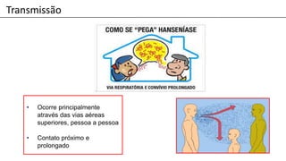 Transmissão
• Ocorre principalmente
através das vias aéreas
superiores, pessoa a pessoa
• Contato próximo e
prolongado
 
