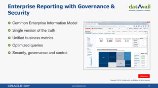 www.datavail.com 13
Common Enterprise Information Model
Single version of the truth
Unified business metrics
Optimized queries
Security, governance and control
Enterprise Reporting with Governance &
Security
Copyright © 2019, Oracle and/or its affiliates. All rights reserved.
 