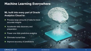 www.datavail.com 14
ML built into every part of Oracle
Analytics Cloud to:
Process large amounts of data for more
accurate insights
Accelerate data discovery and
preparation
Power one click predictive analytics
Eliminate human bias
Improve accuracy of predictions
Machine Learning Everywhere
 