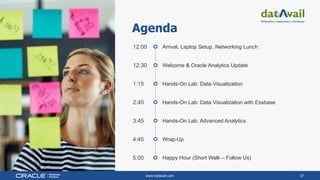 www.datavail.com 37
Agenda
Arrival, Laptop Setup, Networking Lunch
Welcome & Oracle Analytics Update
Hands-On Lab: Data Visualization
Hands-On Lab: Data Visualization with Essbase
12:00
Hands-On Lab: Advanced Analytics
Wrap-Up
Happy Hour (Short Walk – Follow Us)
12:30
1:15
2:40
3:45
4:45
5:00
 