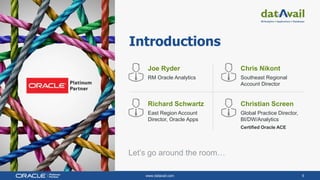 www.datavail.com 5
Introductions
Joe Ryder
RM Oracle Analytics
Chris Nikont
Southeast Regional
Account Director
Richard Schwartz
East Region Account
Director, Oracle Apps
Christian Screen
Global Practice Director,
BI/DW/Analytics
Certified Oracle ACE
Let’s go around the room…
 