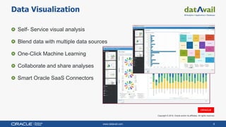 www.datavail.com 8
Self- Service visual analysis
Blend data with multiple data sources
One-Click Machine Learning
Collaborate and share analyses
Smart Oracle SaaS Connectors
Data Visualization
Copyright © 2019, Oracle and/or its affiliates. All rights reserved.
 