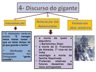 O Adamastor sente-se
lesado:
“E
navegar
meus mares ousas /
que eu tanto tempo há
já que guardo e tenho”

Glorificação
da
tenacidade
dos
Portugueses:
“gente
ousada”,

 a morte de quem o
descobriu
( Bartolomeu Dias)
 a morte de D. Francisco
de Almeida, 1º vice-rei da
Índia
 naufrágio e morte da
família Sepúlveda
 Profecias
relativas
a
futuros
desastres
das
naus portuguesas

 